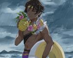  1boy abs brown_eyes brown_hair dark-skinned_male dark_skin fire_emblem fire_emblem_engage fire_emblem_heroes flower flower_necklace fogado_(fire_emblem) fogado_(summer)_(fire_emblem) food fruit highres innertube leon0630claude male_focus male_swimwear pineapple purple_swim_trunks rain solo star-shaped_pupils star_(symbol) swim_ring swim_trunks symbol-shaped_pupils 
