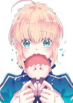  1girl ahoge artoria_pendragon_(all) bangs blonde_hair blue_ribbon blush braided_bun character_doll doll emiya_shirou eyebrows_visible_through_hair fate/stay_night fate_(series) green_eyes hair_between_eyes hair_ribbon highres holding holding_doll looking_at_viewer portrait ribbon ro96cu saber shiny shiny_hair short_hair solo white_background 