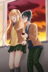  1boy 1girl aria_yuuki arisugawa_nino black_hair black_socks blue_bow blue_necktie bow character_request closed_eyes digital_media_player earphones fukumenkei_noise green_pants green_skirt indoors necktie pants plaid_clothes plaid_skirt school_uniform shared_earphones skirt socks standing sunset sweater_vest twintails 