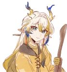  alternate_costume arknights blonde_hair blue_hair chinese_commentary commentary_request dragon_girl dragon_horns earrings grey_eyes hair_between_eyes holding holding_stick horns jewelry jianbing_guozi long_hair multicolored_hair paper_texture pointy_ears shu_(arknights) simple_background stick white_background white_hair 