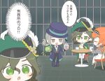  3girls :d :o ankle_boots ascot black_pants black_shorts black_vest blue_bow boater_hat boots bow brown_hair cape checkered_hairband chibi closed_eyes coat cup dress full_body green_cape green_eyes green_hat grey_boots grey_cloak grey_hair grey_sleeves grey_vest hair_bun hairband hat hat_bow hat_feather highres holding holding_cup holding_jar iron_bars jar long_hair mole mole_under_eye ms._radio multiple_girls newsboy_cap notice_lines on_chair open_clothes open_vest orange_hair panri pants pants_under_dress pantyhose prison prison_cell purple_boots purple_coat purple_hat radio recoleta_(reverse:1999) reverse:1999 round_table saucer shirt short_dress short_hair shorts single_side_bun sitting smile sonetto_(reverse:1999) speech_bubble standing sweat table teacup translation_request vertin_(reverse:1999) vest white_ascot white_dress white_pants white_pantyhose white_shirt 