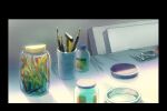  black_border border canvas_(object) cup jar lid no_humans original paint_tube pencil shadow slow_d still_life sunlight table tablecloth 