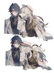  2boys blade_(good_me)_(honkai:_star_rail) blade_(honkai:_star_rail) blue_hair coat cup drinking gloves grey_hair hat highres holding holding_cup honkai:_star_rail honkai_(series) jacket jacket_on_shoulders jewelry jing_yuan jing_yuan_(star_rail_live_2025) long_hair long_sleeves looking_back male_focus mississipping multicolored_hair multiple_boys necklace shirt simple_background tassel upper_body yaoi 