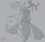  2025 abdominal_bulge anthro avian beak belly big_belly blitzit braided_hair breath_of_the_wild clothed clothing duo english_text feather_hands feathers hair hi_res huge_belly male monochrome nintendo revali rito rumbling_stomach side_view signature simple_background soft_vore solo_focus standing tail tail_feathers text the_legend_of_zelda vore 