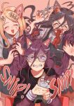  3girls ^_^ ahoge akamatsu_kaede alternate_costume animal_ears barber_cape blonde_hair blush breast_pocket cat_ears cat_girl clenched_teeth closed_eyes collared_shirt cutting_hair danganronpa_(series) danganronpa_another_episode:_ultra_despair_girls danganronpa_v3:_killing_harmony eyelashes fish_hair_ornament fukawa_toko genocider_shou gouboot hair_ornament hairclip highres holding holding_another&#039;s_hair holding_scissors in-franchise_crossover long_hair long_sleeves long_tongue mismatched_pupils multiple_girls necktie non-web_source open_mouth pocket purple_eyes purple_hair red_necktie scissors sharp_teeth shirt smile sound_effects squeezing striped_clothes striped_shirt stuffed_animal stuffed_toy sweat tearing_up teeth tongue tongue_out upper_teeth_only v-shaped_eyebrows veins 