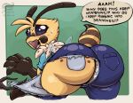 antennae_(anatomy) anthro arthropod bee bodily_fluids bottomwear branch butt clothing compound_eyes dialogue english_text exposed_butt hi_res honey_bee hymenopteran insect jammerhighwind male mandibles pants solo speech_bubble stinger sweat sweatdrop text torn_bottomwear torn_clothing torn_pants wexley_(jammerhighwind) worried