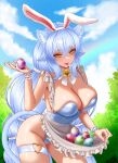  1girl animal_ear_fluff animal_ear_hairband animal_ears apron apron_hold bare_shoulders bell blue_hair blue_leotard bow breasts cat_ears cat_girl cat_tail cleavage cloud commentary crossed_bangs double-parted_bangs easter_egg egg eidis_scarlet english_commentary eyeshadow fake_animal_ears frilled_apron frills hair_tie hairband hand_up heart heart_o-ring highres holding holding_egg indie_virtual_youtuber large_breasts leotard long_hair looking_at_viewer makeup multi-tied_hair neck_bell o-ring o-ring_thigh_strap outdoors pink_lips rabbit_ear_hairband rabbit_ears second-party_source sky solo strapless strapless_leotard tail thigh_strap tongue tongue_out tsuki_tyan very_long_hair virtual_youtuber waist_apron white_apron white_bow white_hairband white_wrist_cuffs wrist_cuffs yellow_eyes 
