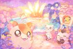  :3 animal_focus artist_name beach blanket chibimaru-chan colorful commentary english_commentary flower hamster hamtaro hamtaro_(series) heart hibiscus highres house hue_shifting instrument looking_at_viewer mafura-chan neogeopet neteru_(hamtaro) no_humans outdoors palm_tree pink_scarf ribbon_(hamtaro) sand scarf scenery sleeping star_(symbol) tongari-kun torahamu-chan tree ukulele warm_colored water whiskers 