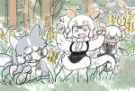  3girls animal_ears bangs black_hair blue_eyes brown_eyes commentary_request day dog_(mixed_breed)_(kemono_friends) dog_ears fang forest grass grey_hair gunzan hair_between_eyes hands_up heterochromia highres kemono_friends multicolored_hair multiple_girls nature open_mouth outdoors paw_pose plant short_hair southern_tamandua_(kemono_friends) southern_tamandua_ex_(kemono_friends) tamandua_ears tamandua_tail two-tone_hair white_hair yellow_eyes 