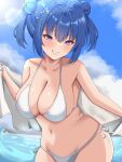  1girl absurdres alternate_costume bare_shoulders bikini blue_eyes blue_hair blush breasts cleavage cloud cloudy_sky collarbone double_bun duel_monster evil_twin_lil-la hair_bun hair_ornament highres holding lafremi large_breasts lil-la_(yu-gi-oh!) navel official_alternate_hairstyle open_mouth sarong short_hair side-tie_bikini_bottom sky smile solo star_(symbol) star_hair_ornament stomach swimsuit white_bikini yu-gi-oh! 