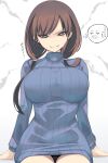  1girl absurdres bags_under_eyes black_panties blue_sweater breasts bright_pupils brown_hair evil_grin evil_smile forced_smile furrowed_brow green_eyes grin highres large_breasts long_hair long_sleeves looking_at_viewer low_twintails mole mole_under_eye original panties ribbed_sweater shaded_face shiki_(psychedelic_g2) sitting smile speech_bubble sweater thighs thought_bubble turtleneck turtleneck_sweater twintails underwear white_background white_pupils 