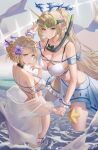  2girls absurdres alternate_costume alternate_hairstyle back bare_shoulders bikini blonde_hair blue_eyes breasts cartethyia_(wuthering_waves) cleavage closed_mouth commentary_request cowboy_shot crown_of_thorns dual_persona earrings fleurdelys_(wuthering_waves) flower from_behind goggles goggles_on_head hair_bun hair_flower hair_ornament hand_grab hand_up highres hodangdang_ok jewelry korean_commentary large_breasts long_hair looking_at_viewer median_furrow multiple_girls navel parted_bangs pointy_ears ponytail sarong scuba_gear short_hair shoulder_blades sidelocks simple_background single_hair_bun smile stomach swimsuit swimsuit_cover-up tacet_mark_(wuthering_waves) very_long_hair white_background white_bikini white_sarong wuthering_waves 