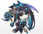  1girl abigail_(black_survival) black_hair black_pantyhose black_survival blue_hair blue_leotard blue_nails blue_shoes breasts chibi cleavage commentary_request covered_groin covered_navel dice dice_earrings earrings eternal_return:_black_survival full_body gradient_background green_eyes grey_background hair_ornament hairclip high_heels holding holding_scythe jewelry leotard looking_at_viewer medium_breasts multicolored_hair nail_polish one_side_up pantyhose parted_lips scythe shoes solo strapless strapless_leotard thighband_pantyhose two-tone_hair white_background wrist_cuffs yeong_r6 