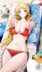  1girl absurdres ahoge beach bikini bird blonde_hair blue_eyes blush breasts cleavage commentary_request cup double_v drinking_glass hachimiya_meguru highres idolmaster idolmaster_shiny_colors large_breasts long_hair looking_at_viewer lying mattress navel on_back pdal_(pdalhhh) phone red_bikini seagull side-tie_bikini_bottom skindentation smile solo swimsuit thighs v 