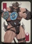  1boy axe bara bare_shoulders battle_axe beard brown_hair bulge clenched_hand eyebrow_cut facial_hair fake_horns feet_out_of_frame forearms hands_up helmet highres horned_helmet horns leotard long_beard long_hair long_mustache looking_at_viewer male_focus mature_male muscular muscular_male mustache old old_man original pectorals scar scar_across_eye scar_on_face sidepec solo standing strapless strapless_leotard thick_eyebrows thick_mustache thick_thighs thigh_strap thighs tooboshoo weapon weapon_on_back 