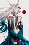  1girl animal_ears armlet back bekus blue_shawl butt_crack commentary dimples_of_venus english_commentary facing_away feixiao_(honkai:_star_rail) fox_girl gold_armlet gradient_hair highres honkai:_star_rail honkai_(series) jewelry median_furrow multicolored_hair ponytail shawl signature solo tagme tattoo white_background white_hair 