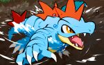  blue_skin bubble claws colored_skin feraligatr fins head_fins kawaanago no_humans open_mouth pokemon pokemon_(creature) pokemon_focus reflection reflective_water sharp_teeth slit_pupils swimming tail teeth yellow_eyes 