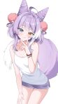  1girl absurdres ahoge blue_eyes cone_hair_bun fox_girl fox_tail hair_bun hair_ornament hair_rings heterochromia highres multicolored_hair pom_pom_(clothes) pom_pom_hair_ornament prock purple_hair purple_tail short_hair shorts simple_background solo stellive streaked_hair tail tank_top tenko_shibuki two-tone_tail virtual_youtuber white_background white_hair white_tank_top yellow_eyes 