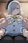  1boy 1girl belko black_hair black_pantyhose blue_eyes blush breasts commentary_request grabbing_another&#039;s_breast grabbing_from_behind grey_hair groping hair_ornament hair_over_one_eye hairclip hamakaze_(kancolle) hetero highres kantai_collection large_breasts neckerchief pantyhose parted_lips pleated_skirt sailor_collar school_uniform serafuku shirt short_hair short_sleeves sitting skirt solo_focus steam sweat yellow_neckerchief 