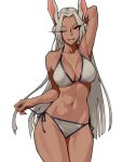  1girl absurdres animal_ears arm_behind_back bikini boku_no_hero_academia breasts cowboy_shot dark-skinned_female dark_skin highres long_hair looking_ahead looking_at_viewer medium_breasts mirko one_eye_closed open_mouth rabbit_ears rabbit_girl red_eyes side-tie_bikini_bottom simple_background solo stomach strap_pull swimsuit tbocart toned toned_female white_background white_bikini white_hair 
