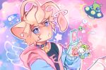  1other aisha_(neopets) alien androgynous animal_ears antennae babytchi black_shirt blonde_hair blue_eyes blue_jacket cameo cat_ears celebi cellphone cellphone_charm character_charm charm_(object) cloud colored_eyelashes commentary english_commentary flip_phone furry hamtaro hamtaro_(series) hasunoue_keroppi highres hood hood_down hooded_jacket jacket kero_kero_keroppi kirby kirby_(series) looking_at_viewer mametchi neogeopet neopets open_clothes open_jacket original other_focus phone pokemon sanrio shirt short_hair tamagotchi upper_body white_eyelashes 