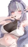  1girl ahoge alternate_costume arm_up armpits bare_arms bare_shoulders bikini black_nails breasts cleavage covering_own_mouth dolechan hand_up headdress highres large_breasts long_hair looking_at_viewer mole mole_under_eye multicolored_hair nail_polish navel pointy_ears purple_hair see-through_cleavage see-through_clothes side-tie_bikini_bottom simple_background solo stomach streaked_hair string_bikini swimsuit very_long_hair vivian_banshee white_background white_bikini zenless_zone_zero 