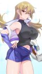  1girl alternate_breast_size armpits black_shirt blonde_hair blue_gloves blue_skirt breasts card commentary_request covered_nipples cowboy_shot duel_disk elbow_gloves fingerless_gloves gloves holding holding_card huge_breasts iseshi jacket midriff_peek miniskirt navel paid_reward_available shirt simple_background skirt sleeveless sleeveless_shirt smile solo tenjouin_asuka thighs white_background white_jacket yellow_eyes yu-gi-oh! yu-gi-oh!_gx 