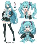  1girl anger_vein annoyed aqua_eyes aqua_hair aqua_nails bib_(bibboss39) black_skirt black_sleeves black_thighhighs closed_mouth color_guide commentary cropped_torso detached_sleeves english_commentary english_text full_body grey_necktie grey_shirt hair_down hatsune_miku hatsune_miku_(if) highres jitome long_hair looking_at_viewer meme multiple_views necktie pleated_skirt shirt simple_background skirt sleeveless sleeveless_shirt thighhighs twintails upper_body very_long_hair vocaloid wavy_hair white_background 
