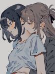 2girls absurdres akmizuk black_hair blue_eyes blush braid brown_hair clothes_lift commentary commission english_commentary grey_background grey_shirt half_up_braid hand_on_another&#039;s_shoulder hand_under_clothes hand_under_shirt highres kiss kissing_neck long_hair long_sleeves miyagi_shiori multiple_girls parted_lips purple_eyes second-party_source sendai_hazuki shirt shirt_lift short_hair short_sleeves shuuniichido_classmate_wo_kau_hanashi simple_background sweatdrop white_shirt yuri 