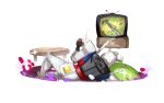  absurdres falling food gundam gundam_gquuuuuux haro highres hole lying mecha mecha_focus mobile_suit on_side robot round_table rx-78-2_gundam science_fiction senbei shiburingaru table television thrusters watching_television white_background wooden_table zeknova 