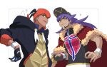  2boys black_hair black_hat black_hoodie black_shirt blue_shirt bright_pupils cape ch_walnut collared_shirt commentary dynamax_band earrings facial_hair fur-trimmed_cape fur_trim gloves green_eyes hat headband highres hood hood_down hoodie jewelry leon_(pokemon) long_hair male_focus multiple_boys open_mouth orange_headband partially_fingerless_gloves pokemon pokemon_swsh purple_hair raihan_(pokemon) red_cape shirt short_hair single_glove white_background white_pupils wristband yellow_eyes 