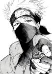  1boy arm_up collared_jacket commentary_request covered_mouth fingerless_gloves fingernails forehead_protector gloves greyscale hatake_kakashi highres holding holding_kunai holding_weapon jacket konohagakure_shinobi_uniform konohagakure_symbol korean_commentary kunai male_focus mask monochrome naruto_(series) popped_collar portrait real_dog_plate scar scar_across_eye scar_on_face simple_background solo weapon white_background zipper zipper_pull_tab 