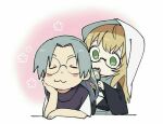  1boy 1girl :3 :o alternate_hairstyle bad_id bad_pixiv_id bidarian blonde_hair blush_stickers brushing_another&#039;s_hair brushing_hair chibi closed_eyes closed_mouth glasses green_eyes grey_hair hair_down hand_on_own_cheek hand_on_own_face long_hair long_sleeves naruto_(series) naruto_shippuuden ninja purple_shirt round_eyewear shirt short_sleeves simple_background tareme veil white_background yakushi_kabuto yakushi_nonou 
