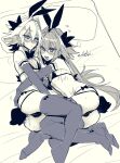  2boys androgynous animal_ears astolfo_(fate) bikini black_bikini black_bow black_bowtie blush bow bow_bikini bow_legwear bowtie elbow_gloves fake_animal_ears fake_tail fate/apocrypha fate_(series) full_body gloves hair_intakes haoro hug long_hair male_focus monochrome multicolored_hair multiple_boys navel on_bed open_mouth rabbit_ears rabbit_tail ribs short_hair sieg_(fate) signature streaked_hair swimsuit tail thighhighs yaoi 