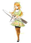  1girl abs absurdres arrow_(projectile) black_bow black_bowtie bow bow_(weapon) bowtie crop_top etie_(fire_emblem) fire_emblem fire_emblem_engage green_bow green_eyes green_shirt green_skirt highres holding holding_arrow holding_bow_(weapon) holding_weapon looking_at_viewer midori_no_baku orange_hair shirt skirt solo swept_bangs tiara weapon 