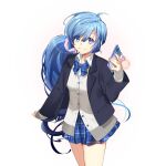  1girl ahoge blazer blue_bow blue_bowtie blue_eyes blue_hair blue_skirt bow bowtie breasts cardigan cellphone holding holding_phone jacket large_breasts long_hair phone plaid_bow plaid_clothes plaid_skirt poseidon_(uchihime) rowe school_uniform side_ponytail skirt smartphone uchi_no_hime-sama_ga_ichiban_kawaii 
