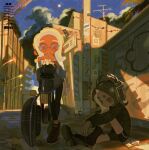  2girls bike_shorts black_leggings black_shoes black_shorts blonde_hair boots colored_tongue dark-skinned_female dark_skin full_body glasses green_eyes green_hair green_sweater grey_shirt headphones highres holding holding_weapon lamppost leggings looking_at_another medium_hair multiple_girls nautilus_(splatoon) octoling octoling_girl octoling_player_character open_mouth orange-framed_eyewear outdoors parted_bangs pink_eyes poster_(object) round_eyewear shirt shoes shorts sitting sneakers splatoon_(series) standing sweater takokawayoi tentacle_hair utility_pole weapon yellow_tongue 