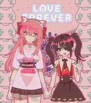  2girls ame-chan_(needy_girl_overdose) animal_ear_hairband animal_ear_headwear animal_ears bags_under_eyes bandaged_arm bandages black_eyes black_hair bow breasts cat cat_ear_hairband cat_ears collar commentary_request doodle_background english_text fake_animal_ears frown glitch grin hair_between_eyes hair_bow hair_ornament hair_over_one_eye hairband holding_hands korean_commentary long_hair looking_at_another looking_at_viewer multiple_girls multiple_hair_bows neck_ribbon needy_girl_overdose open_mouth p-chan_(needy_girl_overdose) pink_eyes pink_hair plaid_clothes plaid_skirt red_shirt ribbon scar scar_on_arm self-harm_scar shirt short_twintails sidelocks skirt smile sth_inurmind suspender_skirt suspenders twintails upper_body v very_long_hair winged_sleeves wrist_cutting x_hair_ornament 
