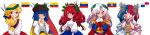  5girls absurdres blonde_hair blue_eyes blue_hair blue_skirt blue_sleeves brown_hat cape closed_eyes collar colombia colombian_flag colombian_flag_sash cracked_skin cross dress earrings ecuador ecuadorian_flag epaulettes flower gloves gradient_hair gran_colombia gran_colombia_flag hair_between_eyes hair_flower hair_ornament hair_over_shoulder hairband hand_on_own_face hat heterochromia highres isosceless jewelry juliet_sleeves laurel_crown laurels long_hair long_sleeves multicolored_hair multiple_girls one_eye_closed original panama panama_flag pants polearm puffy_sleeves red_cape red_eyes red_hair red_skirt ring sash shirt shoulder_sash simple_background skirt smile spanish_commentary spear star_(symbol) star_hair_ornament twintails venezuela venezuelan_flag waist_sash weapon white_background white_dress white_gloves white_hair white_pants white_shirt wide_image yellow_eyes yellow_skirt 