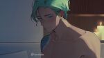  1boy backlighting candle collarbone couch cove_holden earrings green_eyes green_hair jewelry looking_at_viewer male_focus no_shirt on_couch our_life:_beginnings_and_always pectorals ryuuieu smile solo stray_hair stud_earrings swept_bangs tattoo tattoo_sleeve upper_body 