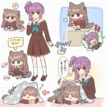  2girls :&lt; anger_vein animal_ears aqua_neckerchief arrow_(symbol) blank_eyes blanket blush_stickers broken_cup brown_dress brown_hair brown_shoes cat cat_ears cat_girl cat_tail chibi closed_eyes closed_mouth commentary_request covering_with_blanket cup dress drooling feral_instincts frown fujishima_megumi green_eyes hair_bun hasu_no_sora_school_uniform jitome link!_like!_love_live! loafers lone_nape_hair long_hair long_sleeves looking_at_another love_live! medium_dress mouth_drool multiple_girls multiple_views neckerchief no_mouth otomune_kozue pleated_dress purple_eyes purple_hair sailor_collar sailor_dress school_uniform shoes side_ponytail sidelocks single_side_bun socks speech_bubble spoken_anger_vein squatting standing tail tail_wagging translation_request two_side_up u_u virtual_youtuber white_sailor_collar white_socks winter_uniform yoon_(yoon_lovelive) zzz 