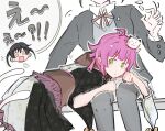  2girls ahoge b1geinu black_jacket black_kimono black_thighhighs blunt_bangs brown_sash cat_tail collared_shirt commentary dress_shirt expressionless feet_out_of_frame grey_sweater jacket japanese_clothes kimono kishimen_hair kneeling lap_pillow love_live! love_live!_nijigasaki_high_school_idol_club multiple_girls multiple_tails neck_ribbon nekomata nijigaku_hyakkiyakou nijigasaki_school_uniform obi official_alternate_costume on_bench open_clothes open_jacket open_mouth pink_hair red_ribbon ribbon sash school_uniform shirt short_hair sidelocks simple_background sitting skirt sweater sweater_under_jacket tail takasaki_yu tennoji_rina thighhighs two-tone_kimono white_background white_kimono white_shirt white_skirt winter_uniform yellow_eyes 