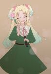  1girl :d absurdres amado_(amaddo_club) blonde_hair blue_hair brown_background collared_dress commentary curtained_hair dakishimeru_hanabira dress fang flower gradient_hair green_dress hair_flower hair_ornament highres holding holding_flower holding_microphone link!_like!_love_live! long_sleeves love_live! medium_dress microphone multicolored_hair neck_ribbon official_alternate_costume open_mouth osawa_rurino parted_bangs pink_flower pink_ribbon ribbon simple_background skin_fang smile solo tulip twintails virtual_youtuber 