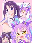  0_0 1girl absurdres ahoge artist_name black_pants blue_hair blue_shirt bow chibi clothes_lift commentary cure_kyunkyun dancing double_v doyagao dress eighth_note hair_bow highres hood hoodie kimi_to_idol_precure lifting_own_clothes long_hair medium_hair motion_lines multicolored_hair multiple_views musical_note navel pants parted_lips precure purple_bow purple_dress purple_eyes purple_hair purple_hoodie shigure_kokoro shirt shirt_lift short_sleeves smug sportswear standing sweatdrop t-shirt tanyan_(pixiv_92698) translated twintails two-tone_hair two-tone_shirt two_side_up v very_long_hair white_shirt wiping_sweat yellow_eyes 