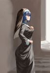  1girl absurdres alternate_costume black_robe black_veil blue_hair braid breasts clenched_hand closed_mouth floor from_side furutani_himawari hair_between_eyes hand_on_own_chest highres keibi_inu large_breasts long_sleeves looking_up low_twin_braids medium_hair nun robe simple_background sleeves_rolled_up solo standing stone_wall traditional_nun twin_braids veil wimple yellow_eyes yuruyuri 