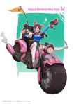  1girl ;) absurdres adapted_costume animal_ears arm_up blue_leotard boots breasts chinese_new_year cleavage coffee_mug commentary_request cup d.va_(overwatch) driving fake_animal_ears flag full_body gloves ground_vehicle gun handgun happy_new_year headphones highres holding holding_gun holding_weapon leg_up leotard medium_breasts motor_vehicle motorcycle mug new_year one_eye_closed overwatch pig_ears pistol ribbed_leotard skin_tight smile solo thigh_boots thighhighs weapon whisker_markings white_footwear white_gloves zhong-x_wu 