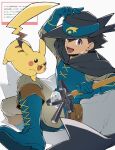  :d ash_ketchum black_cape black_hair black_hat blue_boots blue_gloves blue_tunic boots brown_eyes cape commentary_request fedora gloves grey_pants hand_on_own_hat hat highres holding holding_staff looking_at_viewer male_focus marshmallow_(site) mocollie open_mouth pants pikachu pokemon pokemon:_lucario_and_the_mystery_of_mew pokemon_(anime) pokemon_(creature) pokemon_rse_(anime) short_hair smile spiked_hair staff tunic two-tone_cape white_background white_cape 
