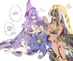  1boy 2girls black_dress black_hair black_shirt blonde_hair blue_jacket breasts chain cleavage dark-skinned_female dark_magician dark_skin dress duel_monster exodia_the_forbidden_one genderswap genderswap_(mtf) group_picture hat highres jacket large_breasts long_hair medium_hair millennium_puzzle multicolored_hair multiple_girls muto_yugi purple_eyes purple_hair purple_hat shirt simple_background spiked_hair white_background yu-gi-oh! yu-gi-oh!_duel_monsters zackpyo 