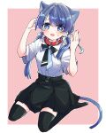  1girl animal_collar animal_ears black_bow black_bowtie black_skirt black_thighhighs blue_eyes blue_hair blue_ribbon blush border bow bowtie cat_ears cat_girl cat_tail collar collared_shirt commentary_request full_body hair_intakes hair_ribbon highres kanduki_kamibukuro kemonomimi_mode link!_like!_love_live! long_hair love_live! low_twintails miniskirt murano_sayaka murano_sayaka_(summer_casual) no_shoes official_alternate_costume open_mouth outside_border pink_background pleated_skirt raised_inner_eyebrows red_collar ribbon shirt short_sleeves simple_background sitting skirt solo sweatdrop tail thighhighs twintails virtual_youtuber wariza white_border white_shirt zettai_ryouiki 