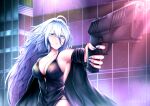  1girl azur_lane bare_shoulders black_dress blue_eyes breasts cleavage dress english_commentary glitter_dress gun hair_between_eyes handgun highres holding holding_gun holding_weapon junedxu large_breasts long_hair long_hair_between_eyes night official_alternate_costume outdoors sleeveless sleeveless_dress solo sovetsky_soyuz_(azur_lane) sovetsky_soyuz_(skyfall_agent)_(azur_lane) upper_body very_long_hair weapon white_hair 